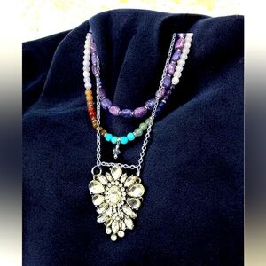 Collage necklace Crystal Pendant Handmade Layered Repurposed Ornate OOAK 4191 L